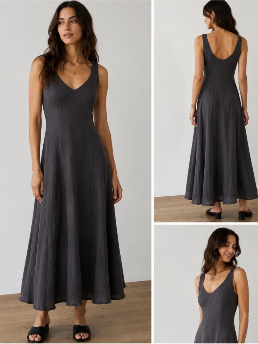 Women's Charcoal V-Neck Maxi Dress - Sleeveless